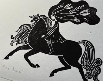 Linocut Riding the Fire Horse 2026 Ride with Grace Folk Art Print Handprinted