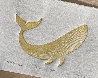 Gold Whale Linocut Print: Handprinted Ocean Art
