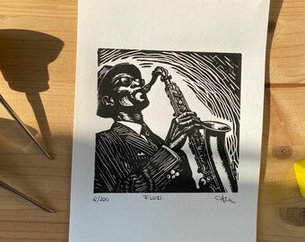 Handprinted Saxophonist Linocut Print: Jazz Music Poster, Signed Art