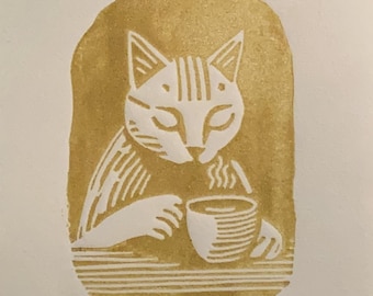 Goldene Katze Linoldruck: Kaffee Geschenk, Handgemachter Kunstdruck