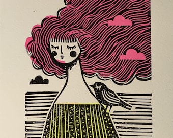 Linocut Art Print: Whimsical Woman with Bird, Limited Edition
