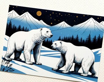 Polar Bear Christmas Card | Snowy Mountain Winter Wildlife Greeting Postcard