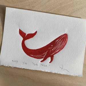 Linocut Print Red Whale Fish Handprinted Original Wall Art Signed Print Ocean Life Sea Surfer Fishing Gift