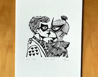 Queer Love Linocut Print: Gay Kiss Art, LGBTQ Pride Gift