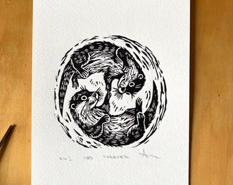 Otters Linocut Print: Lovers Handprinted Wall Art