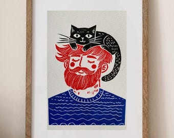 Linocut Print: Ginger Bearded Man with Cat - Whimsical Folk Art