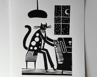 Funny Cat Piano Jazz Evening Print: Handmade Linocut Illustration