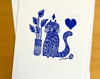Blue Cat Linocut Print: Monstera Plant Art, Whimsical Home Decor