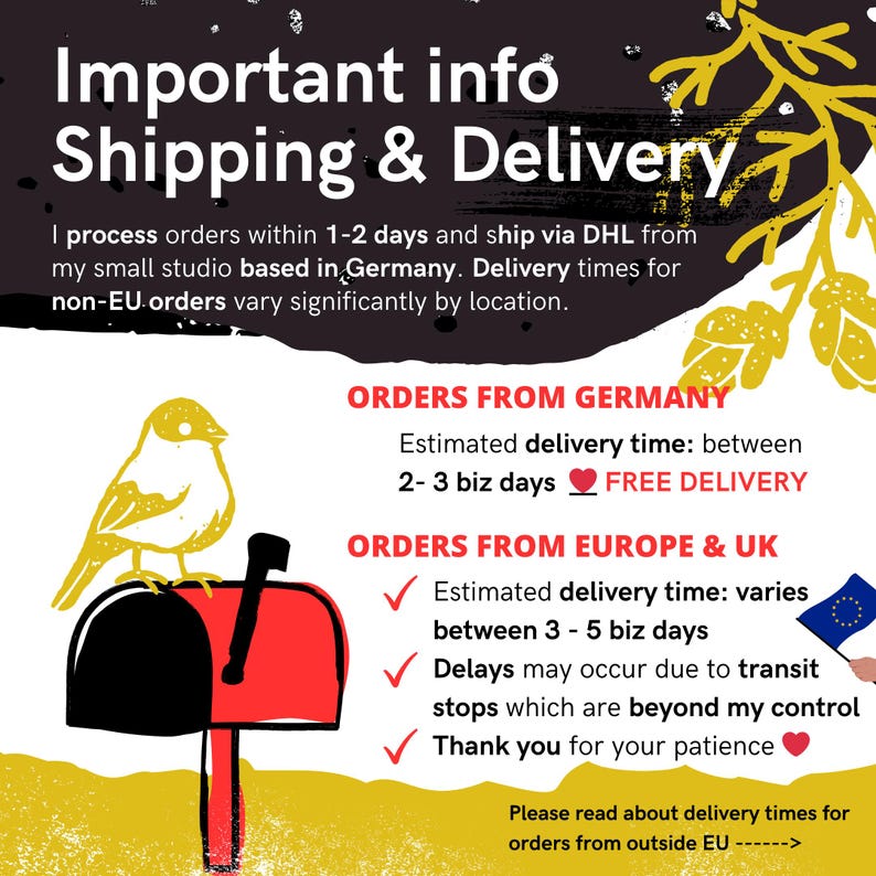 K&ouml;nnte beinhalten: Eine Grafik mit einem gelben Vogel, der auf einem roten Briefkasten sitzt. Die Grafik enth&auml;lt Informationen &uuml;ber Versand- und Lieferzeiten f&uuml;r Bestellungen aus Deutschland, Europa und dem Vereinigten K&ouml;nigreich. Der Text enth&auml;lt gesch&auml;tzte Lieferzeiten und erw&auml;hnt die kostenlose Lieferung f&uuml;r Bestellungen aus Deutschland.