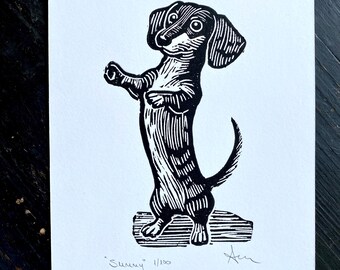 Linocut Dachshund Print: Hand-Carved Wiener Dog Art