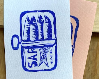 Sardine Can Linocut Print: Quirky Blue Seafood Art