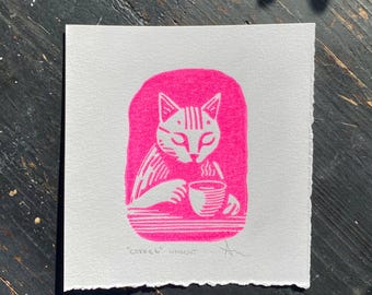Pinke Katze Linoldruck: Kaffee Geschenk, Handgemachte Kunst