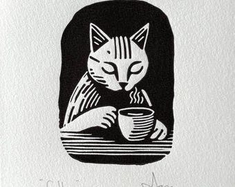 Black Cat Coffee Linocut Print: Handmade Whimsical Wall Art
