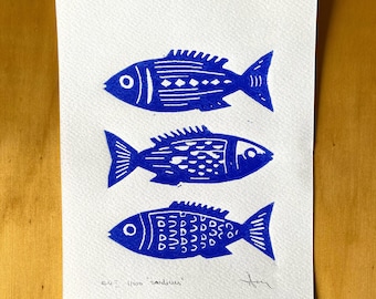 Blue Sardines Linocut Print: Japandi Nordic Fish Wall Art