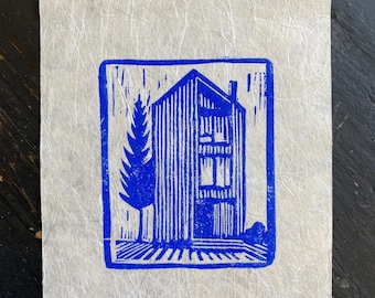 Blue Timber House Linocut Print: Scandinavian Block Print on Lokta Paper