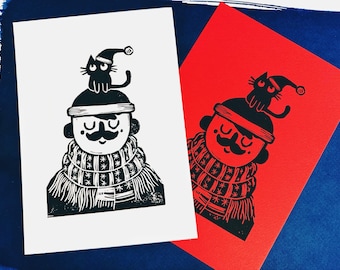 Berlin Beanie Cat Guy Linocut Print: Christmas Folk Art, Limited Edition