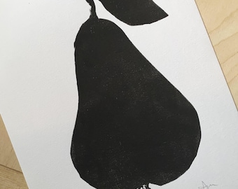Pear Linocut Print: Original Handprinted Fruit Art