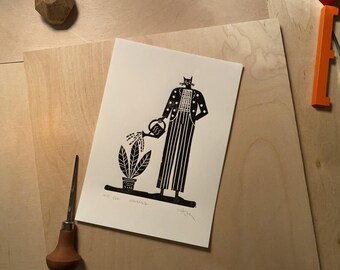 Linocut Print: Cat Watering Plant, Handmade Art Edition