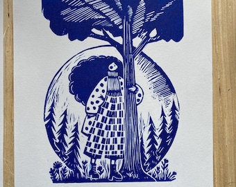 Linocut Print: Tree Hugging Art, Scandinavian Folk Art Weihnachtsgeschenke