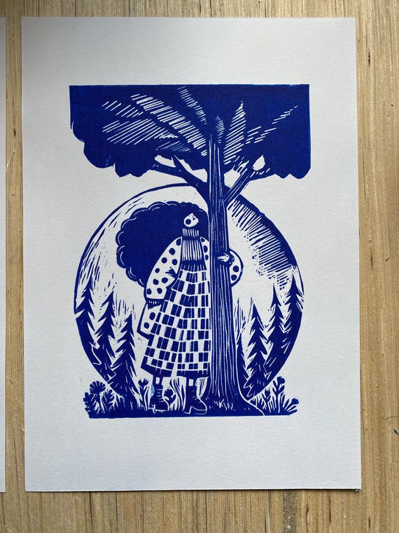 Linocut Print: Tree Hugging Art, Scandinavian Folk Art Weihnachtsgeschenke