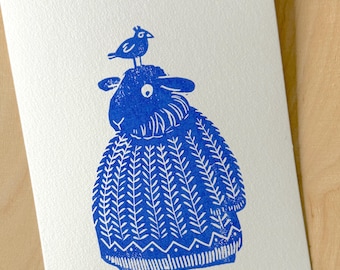 Linocut Folk Art Sheep and Bird Handprinted