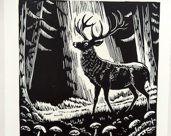 Deer Linocut Art Print: Hand-Pulled Stag, Enchanted Forest