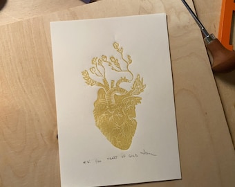 Heart of Gold Linocut Print: Anatomical Heart Wall Art