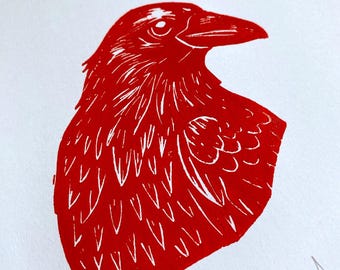 Red Raven Linocut Print: Handprinted Gothic Bird Art