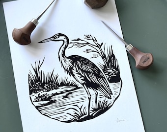 Blue Heron Linocut Print: Coastal Gallery Wall Art