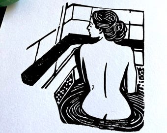 Linocut Print: Woman in Bathtub - Self-Care Bathroom Art