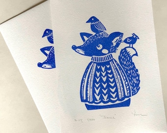 Fox Linocut Print: Folk Art Fox & Bird, Limited Edition
