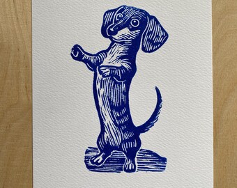Blue Dachshund Linocut Print: Handprinted Dog Art