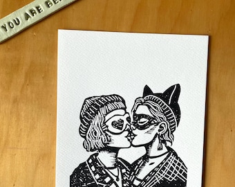 Linocut Women Kissing Print: Queer Love Art, FLINTA LGBTQ Pride