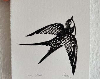 Handprinted Swallow Linocut Print: Minimalist Bird Art