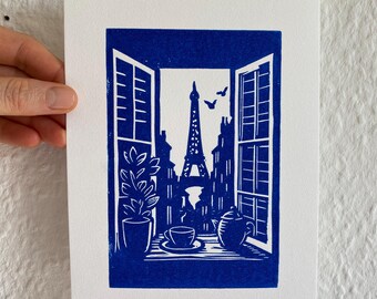 Blue Paris Linocut Print: Eiffel Tower View, Boho Wall Art