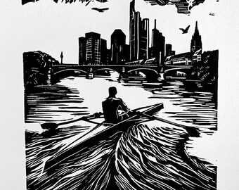 Frankfurt Skyline Linocut Print: Rowing on the Main River