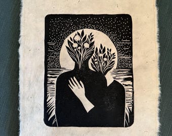 Linocut Lovers Print: Botanical Couple Art on Handmade Paper