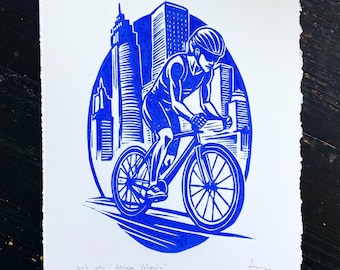 Triathlon Cyclist Linocut Print: Vibrant Blue Bike Race Art Deco Wall Art