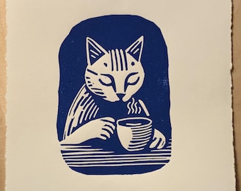 Blaue Katze Linoldruck: Kaffee Geschenk, Handgemachte Kunst