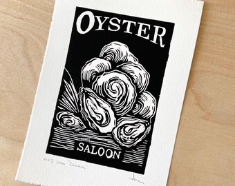 Vintage Oyster Saloon Linocut Print: Nautical Bar Decor