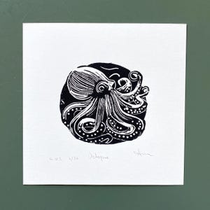 Linocut Octopus Print: Handprinted Ocean Art, Signed A5