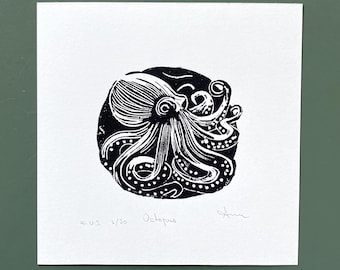 Linocut Octopus Print: Handprinted Ocean Art, Signed A5