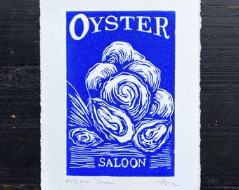 Blue Oyster Saloon Linocut Print: Vintage Tavern Art