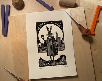 Lino Cut Tarot Card Print: The Magician, Esoteric Hare Art