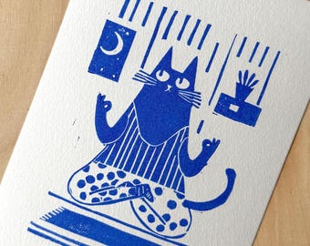 Zen Yoga Cat Linocut Handprinted Royal Blue