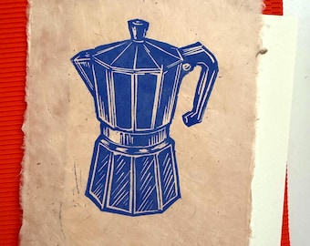 Blue Moka Pot Linocut Print on handmade paper: Handprinted Coffee Art, Kitchen Decor