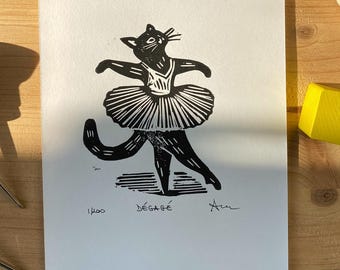 Cat Ballerina Lino Cut Print: Handmade Ballet Art