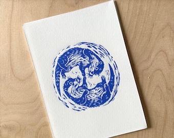 Otters Linocut Print: Lovers Nautical Illustration, A5 Handprinted Wall Art