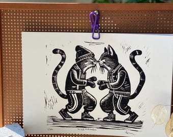 Linocut Dancing Cats Art Print: Hip Hop Street Fashion, Signed Limited Edition