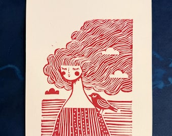 Lino Red Whimsical Woman with Bird, Linocut Art Print: Limited Edition